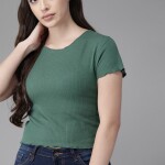 Green Ribbed Fitted Crop Top